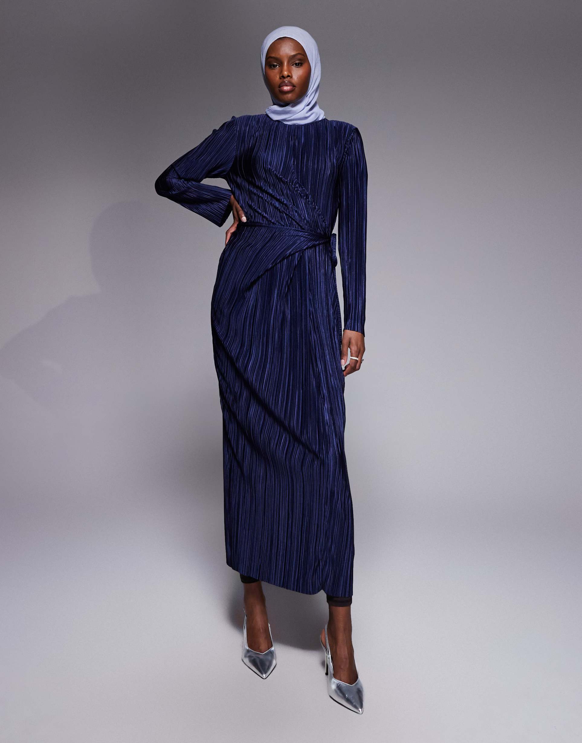 asos design plisse long sleeve wrap tie waist maxi dress in navy