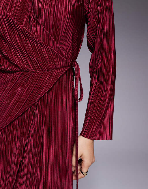 ASOS DESIGN plisse long sleeve wrap tie waist maxi dress in wine