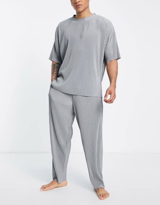 ASOS DESIGN - Plissé lounge-pyjamaset met overhemd en broek in grijs