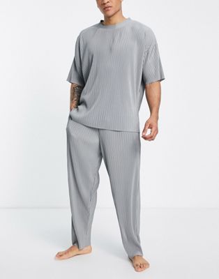 ASOS DESIGN plisse lounge shirt and trouser pyjama set in grey