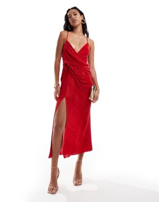 Asos Design Plisse Maxi Cami Dress With Waterfall Corsage Front In Red-no Color