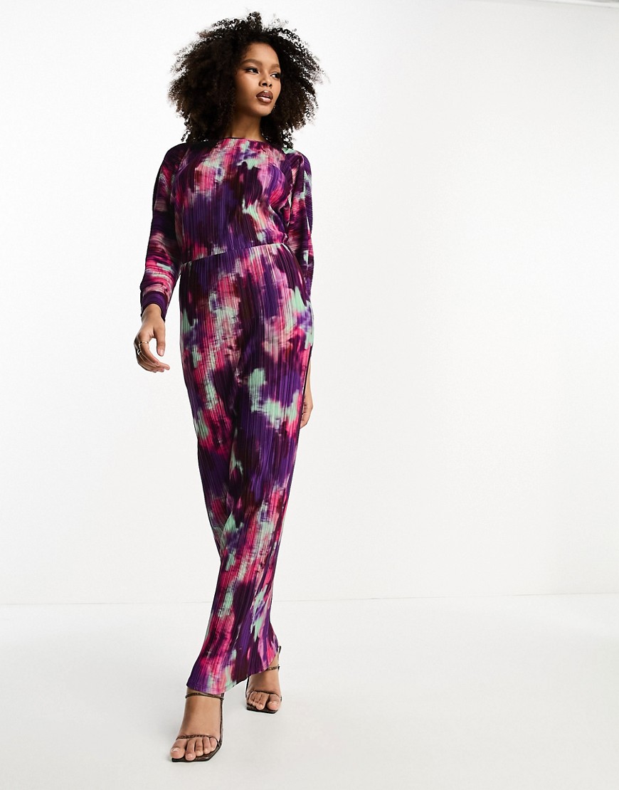 ASOS DESIGN plisse maxi dress in purple print-Multi