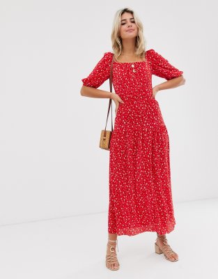 red ditsy print dress