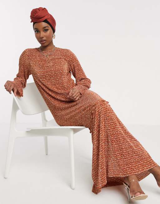 Asos Design Plisse Maxi Dress In Rust Ditsy Print With Pep Hem Asos 6538