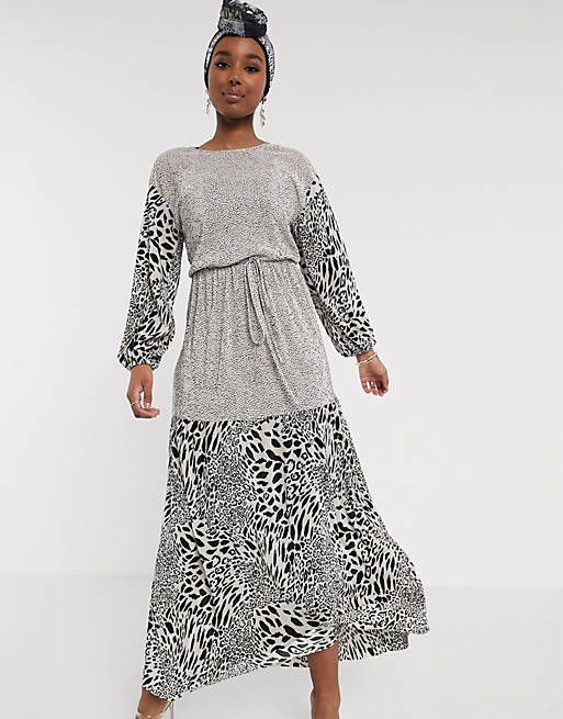 ASOS DESIGN plisse maxi dress with blouson sleeve in mixed animal and ...