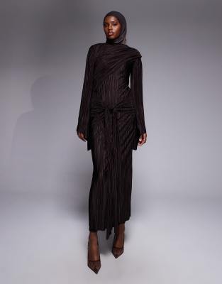 Asos Design Plisse Maxi Dress With Draping Detail In Brown