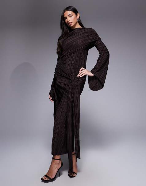 ASOS DESIGN plisse maxi dress with draping detail in chocolate - view 1