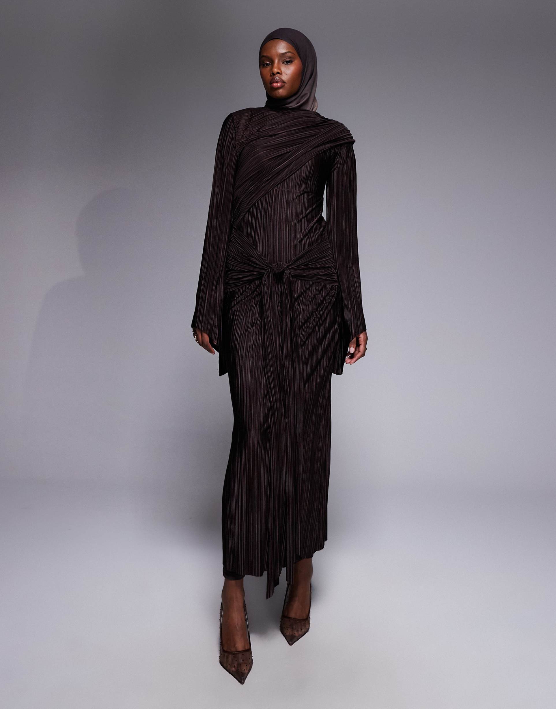 asos design plisse maxi dress with draping detail in chocolate