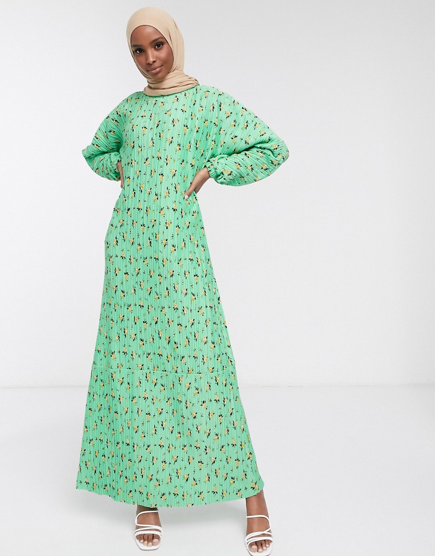 Asos Design Plisse Maxi Dress With Long Sleeves In Green Floral