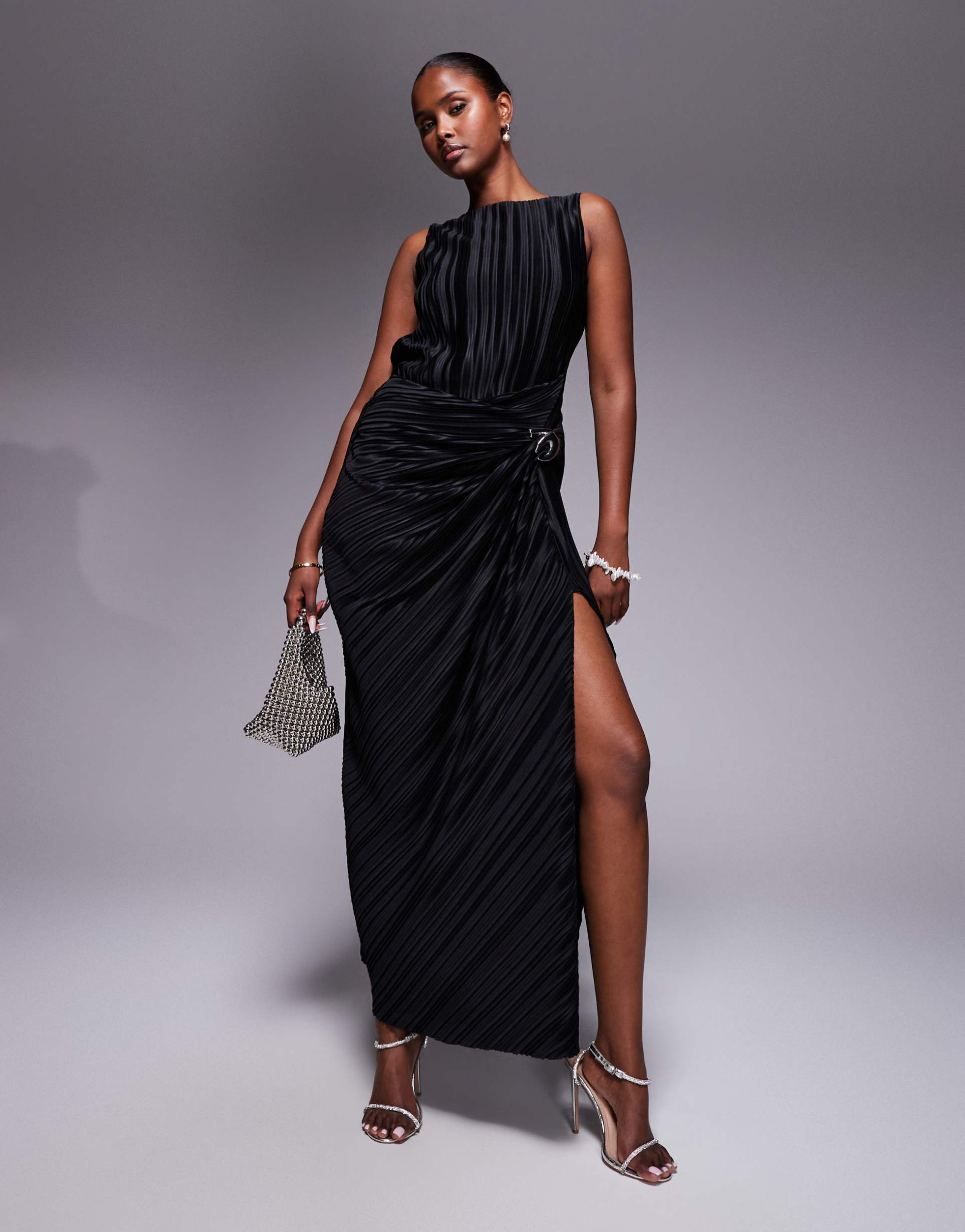 asos design plissé maxi dress with silver-tone trim and thigh slit in black
