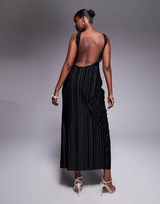 ASOS DESIGN plisse maxi dress with silver trim and thigh split in black, 3 of 4