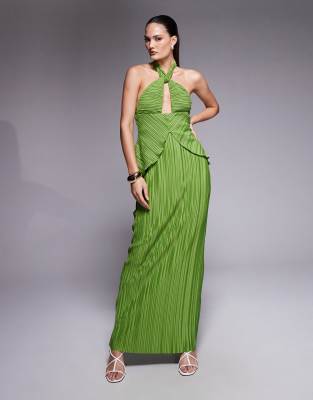Asos Design Plisse Maxi Dress With Twisted Halterneck In Green