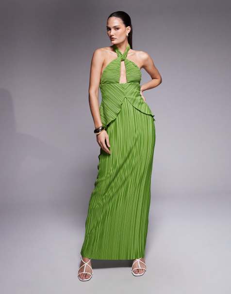 ASOS DESIGN plisse maxi dress with twisted halterneck in green - view 1