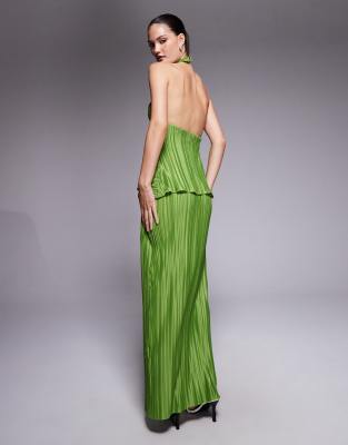 Asos Design Plisse Maxi Dress With Twisted Halterneck In Green