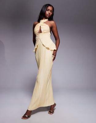 Asos Design Plisse Maxi Dress With Twisted Halterneck In Blue