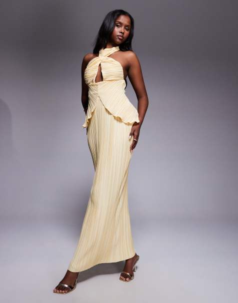 ASOS DESIGN plisse maxi dress with twisted halterneck in yellow - view 1