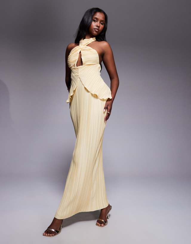 gold plisse maxi dress ASOS DESIGN with twisted halterneck in yellow Satin maxi