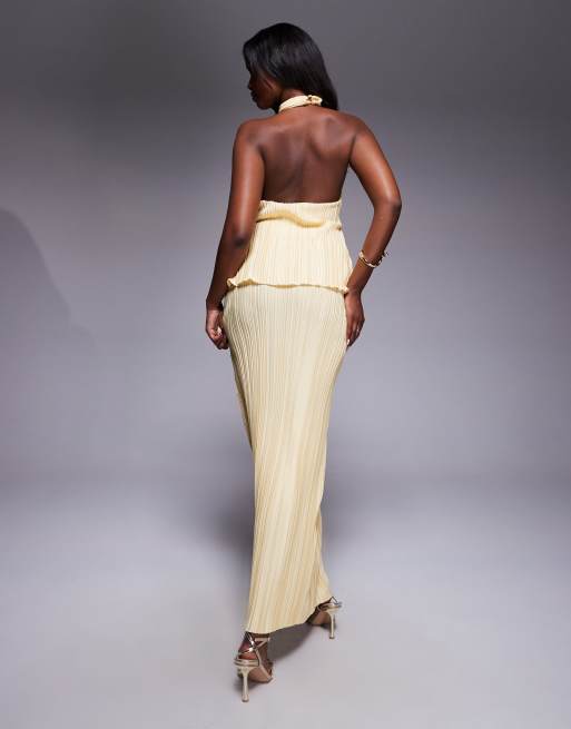 ASOS DESIGN plisse maxi dress with twisted halterneck in yellow