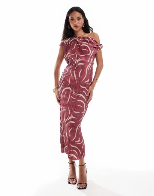 ASOS DESIGN - Plissé maxi jurk met afhangende schouder, gedraaid detail en roestkleurige wervelprint