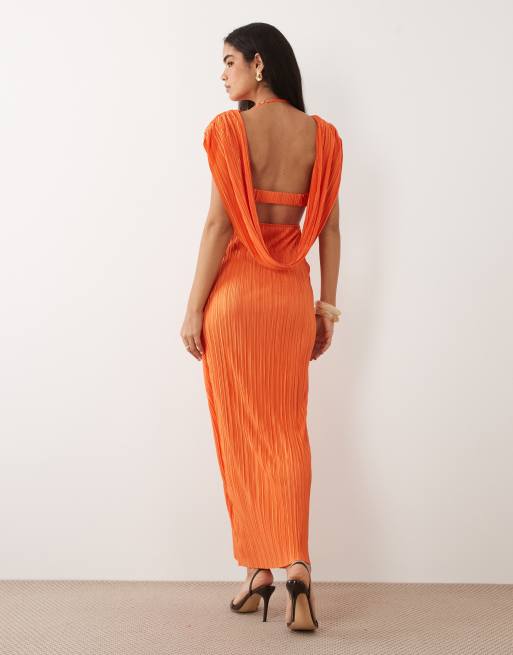 ASOS DESIGN - Plissé maxi jurk met drapering en halternek in oranje, 2 van 4