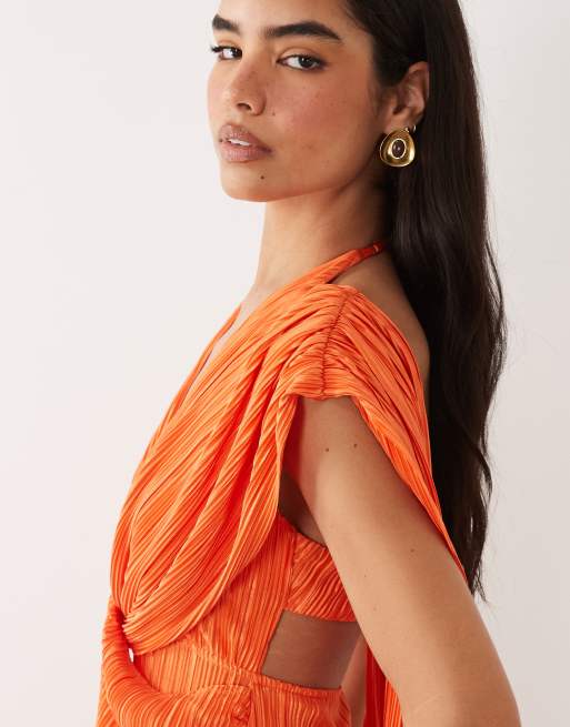 ASOS DESIGN - Plissé maxi jurk met drapering en halternek in oranje, 4 van 4