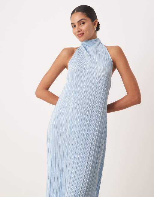 ASOS DESIGN - Plissé maxi jurk met gestrikte halternek in babyblauw, 3 van 4