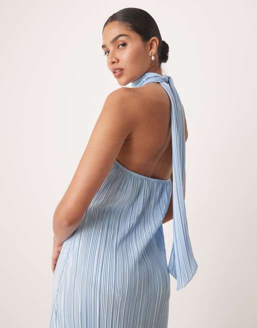 ASOS DESIGN - Plissé maxi jurk met gestrikte halternek in babyblauw, 4 van 4