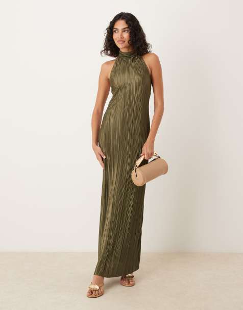ASOS DESIGN - Plissé maxi jurk met gestrikte halternek in kaki - view 1