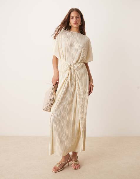 ASOS DESIGN - Plissé maxi jurk met korte mouwen en striktaille in citroengeel - view 1