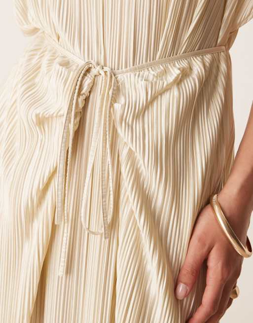 ASOS DESIGN - Plissé maxi jurk met korte mouwen en striktaille in citroengeel, 3 van 4