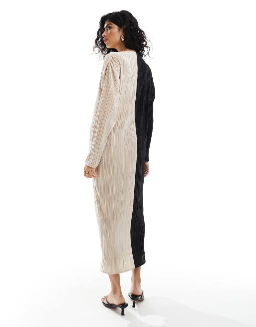 ASOS DESIGN - Plissé maxi jurk met lange mouwen in kleurvlakken, 3 van 4