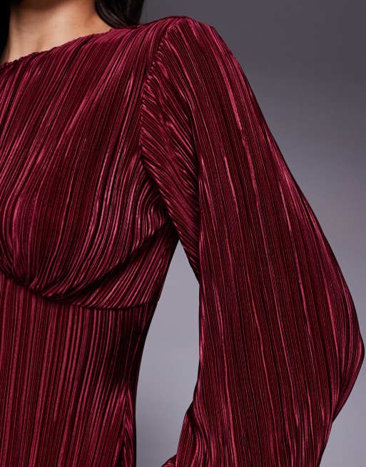 ASOS DESIGN - Plissé maxi-jurk met lange pofmouwen in wijnrood, 2 van 4