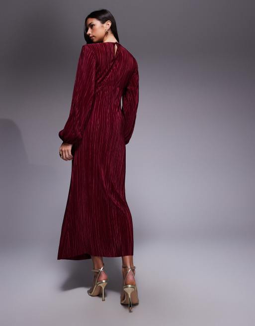 ASOS DESIGN - Plissé maxi-jurk met lange pofmouwen in wijnrood, 4 van 4