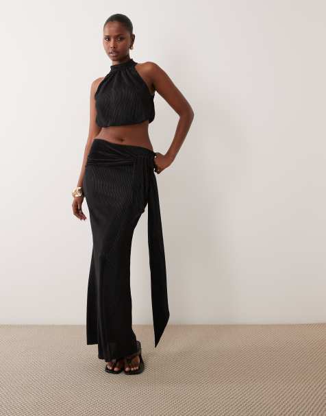 ASOS DESIGN plisse maxi skirt with knot belt detail in black (part of a set) - view 1
