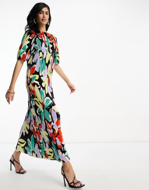 ASOS DESIGN plisse maxi smock dress with d ring back detail in bright and black floral - view 1