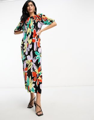 ASOS DESIGN plisse maxi smock dress with d ring back detail in bright and  black floral