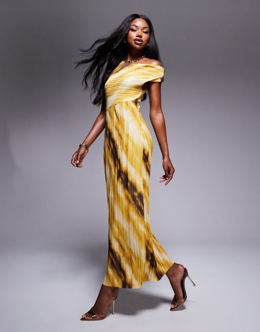 ASOS DESIGN - Plissé midaxi jurk met gedraaide schouder in gele marmerprint