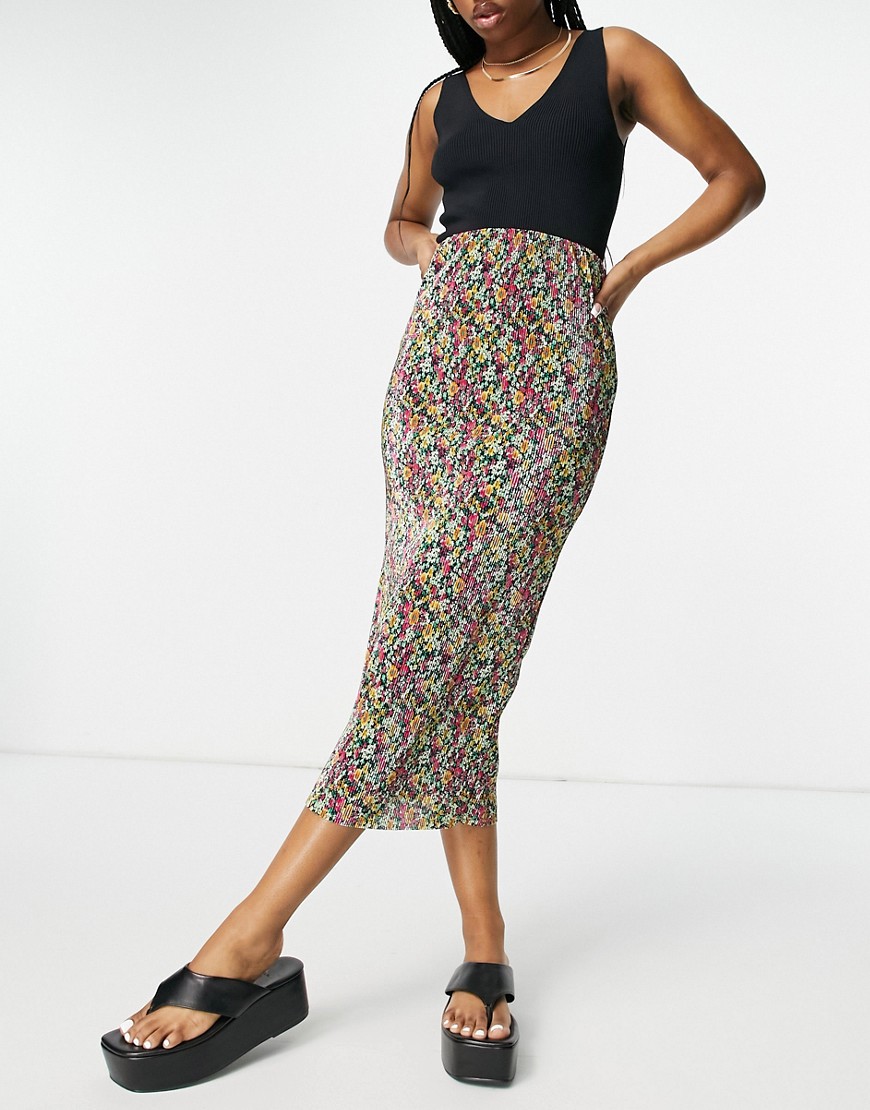 ASOS DESIGN plisse midaxi skirt in bright floral print-Multi