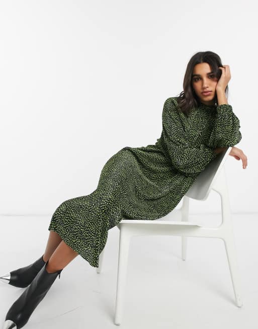 ASOS DESIGN plisse midi dress with balloon sleeves in green spot