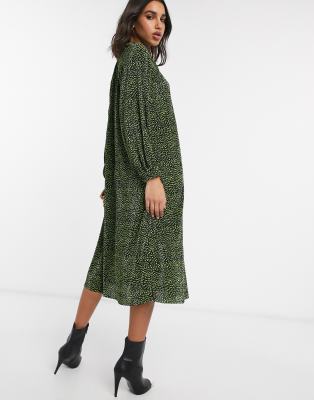 asos design plisse high neck balloon sleeve open back midi dress