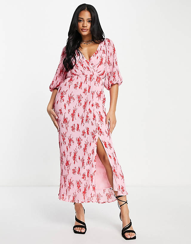 ASOS DESIGN plisse midi dress with button detail in red floral ZN9783