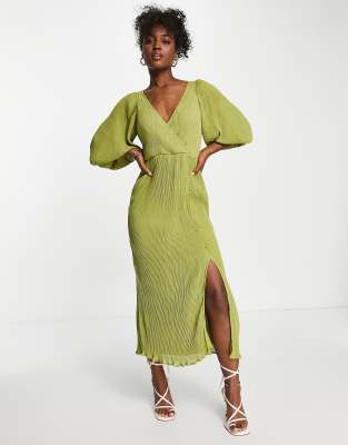 Asos design plisse high neck balloon hot sale sleeve open back midi dress