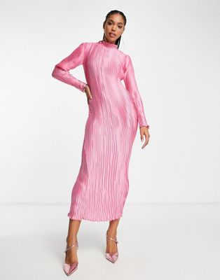 ASOS DESIGN plisse midi dress with long sleeves in pink | ASOS