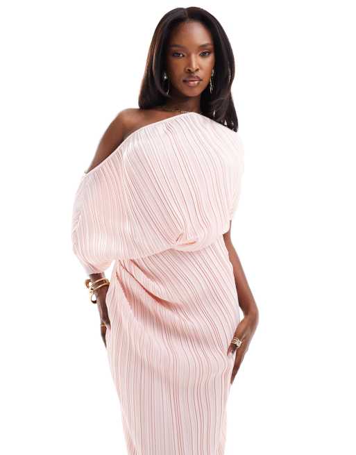 ASOS DESIGN - Plissé midi jurk met afhangende schouder in vaalroze, 2 van 4