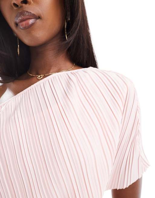 ASOS DESIGN - Plissé midi jurk met afhangende schouder in vaalroze, 4 van 4