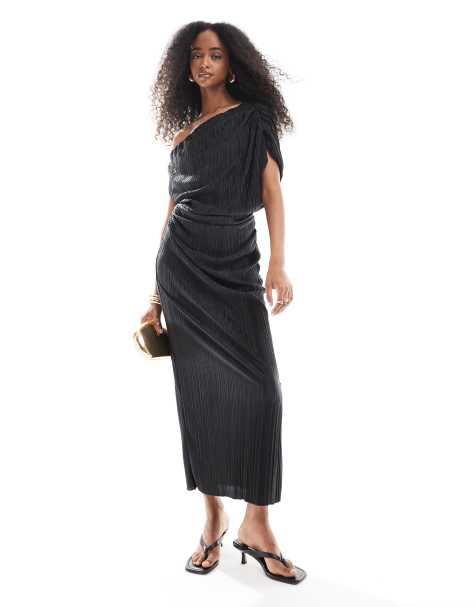 ASOS DESIGN - Plissé midi-jurk met afhangende schouder in zwart - view 1