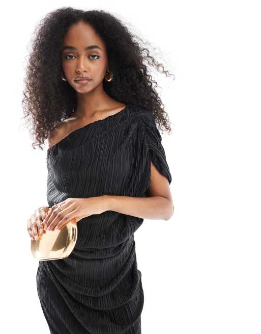 ASOS DESIGN - Plissé midi-jurk met afhangende schouder in zwart, 4 van 4