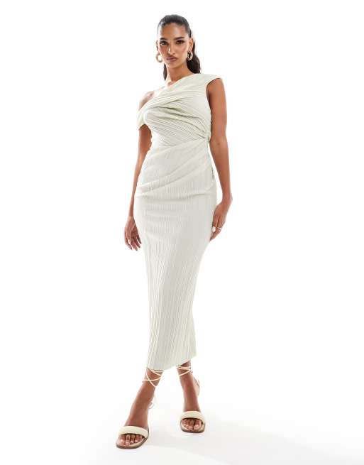 ASOS DESIGN - Plissé midi-jurk met gedraaide afhangende schouder in crèmej, 2 van 4