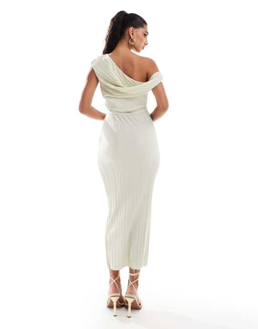 ASOS DESIGN - Plissé midi-jurk met gedraaide afhangende schouder in crèmej, 3 van 4