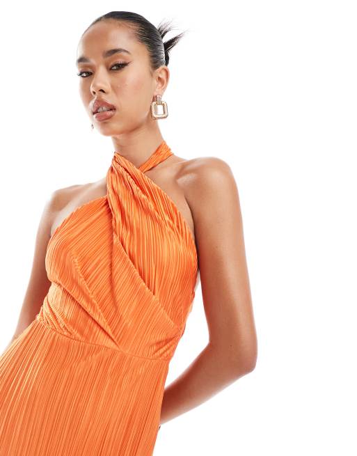 ASOS DESIGN - Plissé midi jurk met gedraaide halternek in oranje, 2 van 4